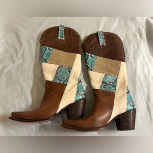 Idyllwind Brown, Cream & Teal Patchwork Leather Ankle Boots